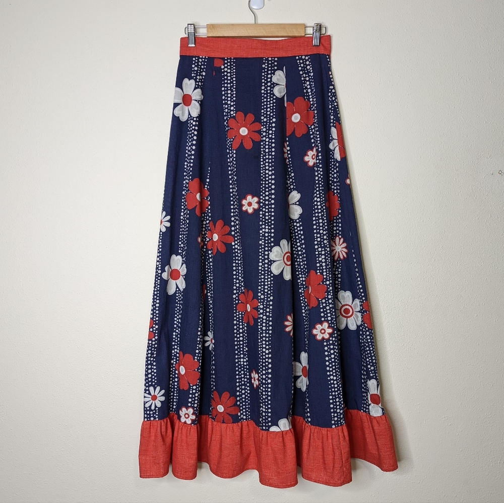 Vintage 70s Handmade Red White Blue Flower Power Maxi Skirt - Picture 2 of 10